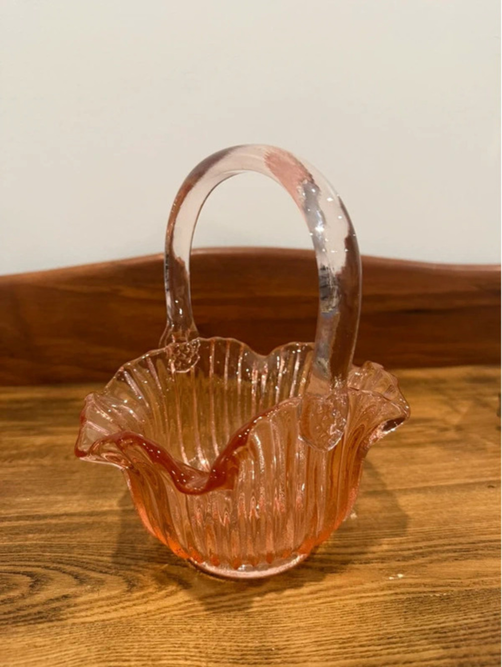 Vintage Pink Depression Glass Ruffled Basket